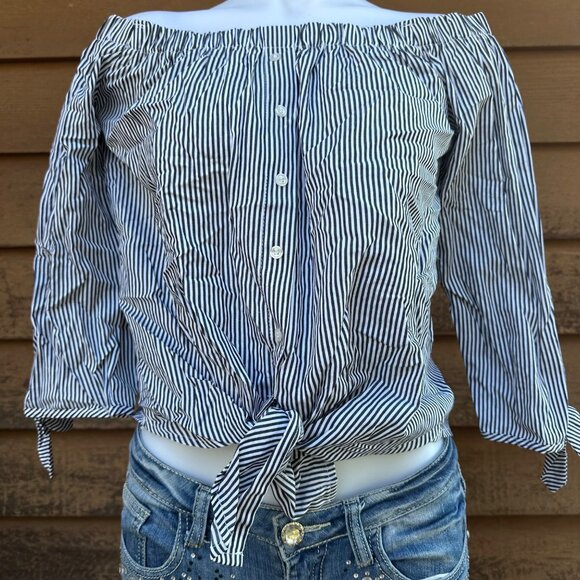 Blue & White Striped Off-The-Shoulder Blouse With Button Front & Tie Hem - Picture 7 of 9